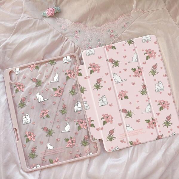 La hermosa y linda funda de acrílico transparente con cristal de doble cara pintada con un gato de flor rosa de dibujos animados es a prueba de golpes y adecuada para iPad de 7ma, 8va y 10ma generación (10.2 pulgadas). Tiene una ranura integrada para lápiz y admite funciones de suspensión y activación/múltiples métodos de soporte plegable. Estos son regalos de festivales y regalos de Año Nuevo.
