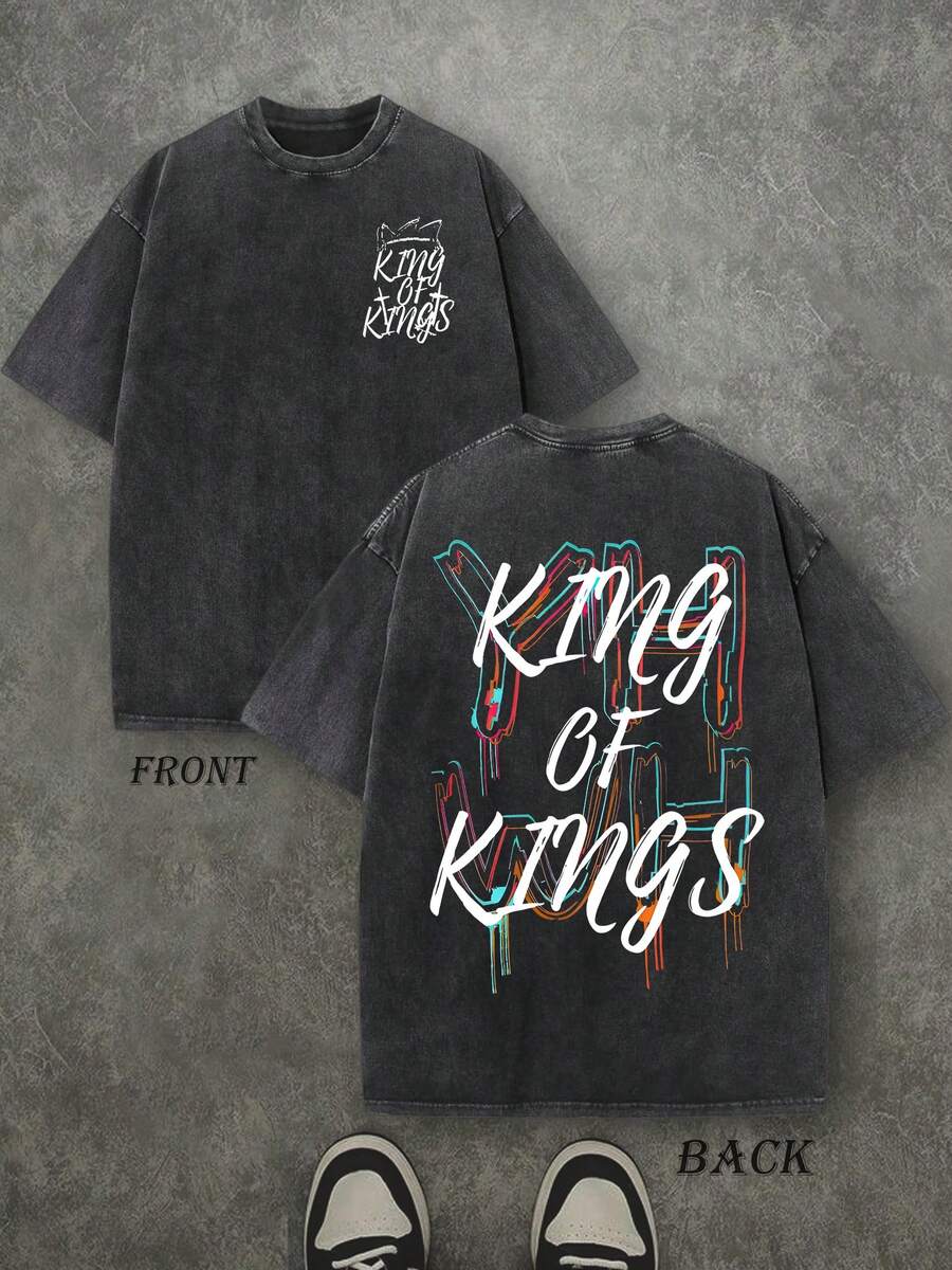 Retro Washed T-Shirt Double Sided Printed (230 Pure Cotton T-Shirt) 'YHWH KING OF KINGS' Letter And Crown Pattern Print, Men's T-Shirt, Men's Casual, Comfortable, Fashionable T-Shirt, Street Style Cotton - 黑色 - 查看 1