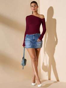 Women's Minimalist Asymmetric Shoulder Long Sleeve Fitted T-Shirt Top, Everyday Wear, Fall/Winter - 酒紅色 - 查看 5