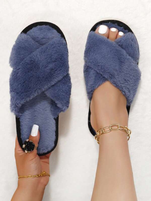 Women's Fashion Dual-Strap Blue Fluffy Plush Slippers, Soft Lightweight Indoor Home Slippers, Quiet Carpet Slippers