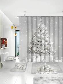 1/4 件套圣诞节浴帘套装：数码印花雪人、动物和森林主题，防水涤纶面料，70.87 x 70.87 英寸，包含浴垫和马桶盖套，12 个塑料挂钩，无线浴室装饰 - 彩色 - 查看 6