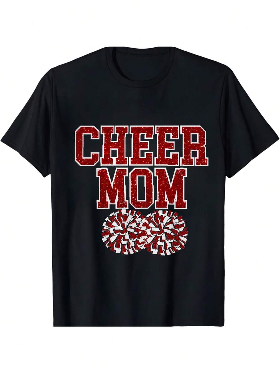 Cheer Mom T-Shirt | Cheerleading Apparel For Women | Black Tee With Red And White Design | Perfect Gift For Cheerleading Enthusiasts | Comfortable And Durable | Ideal For Games, Competitions, And Everyday Wear | Size S-XXL - 黑色 - 查看 1