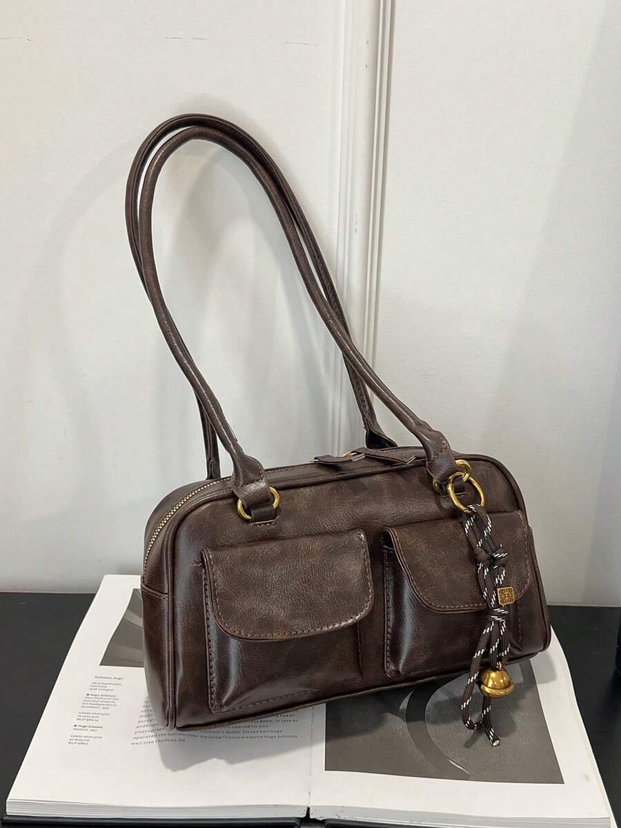 Large Capacity PU Tote Bag, Minimalist & Fashionable Women's Multi-Pocket Shoulder Bag, Solid Color Personalized Big Capacity Handbag - Coffee Brown - View 1