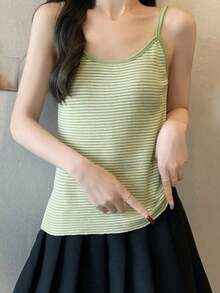 女式撞色条纹无袖休闲针织背心，春夏季 - 綠色 - 查看 4