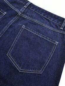 大码男士拼接直筒宽松休闲牛仔裤 - 深色水洗藍 - 查看 7