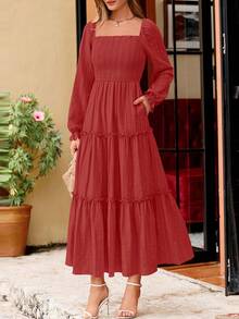 PRETTYGARDEN Women Elegant  Maxi Dresses For Fall Boho Long Sleeve Smocked A Line Ruffle  Wedding Guest Holiday Party Long Dress With Pockets New Years Valentine Vacation Spring Dresses For Women Vestidos Elegantes De Mujer - 紅色 - 查看 4