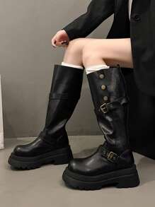 西部风格搭扣假日复古英伦厚跟高筒女靴，2025秋冬新款，修身骑马靴，派对靴 - 黑色 - 查看 4