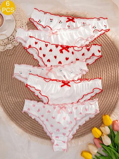 6条装女士纯色、心形、樱桃色、蝴蝶结装饰舒适棉质内裤