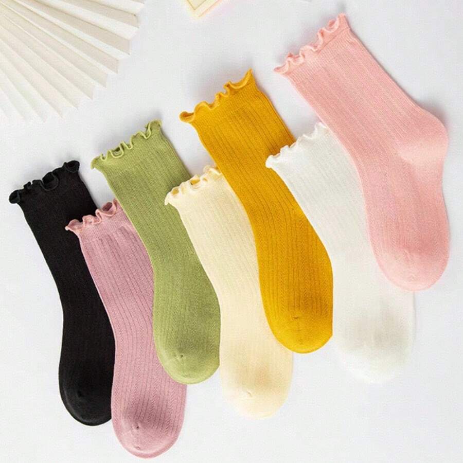 1/2/3/7 双随机儿童纯色木褶边袜子，春夏秋季糖果色蕾丝袜，女童袜子，舒适柔软，网眼透气，运动时尚中筒儿童袜子，适合日常穿着
