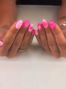 24pcs Oval-Shaped French Manicure Nail Stickers, Pink Star Pattern, Princess Style, Perfect Fit, Acrylic Fake Nails Set Includes 1pc Jelly Gel And 1pc Nail File, Suitable For Women And Girls To Wear In Summer, Nail Art Supplies - Multicolor - View 1