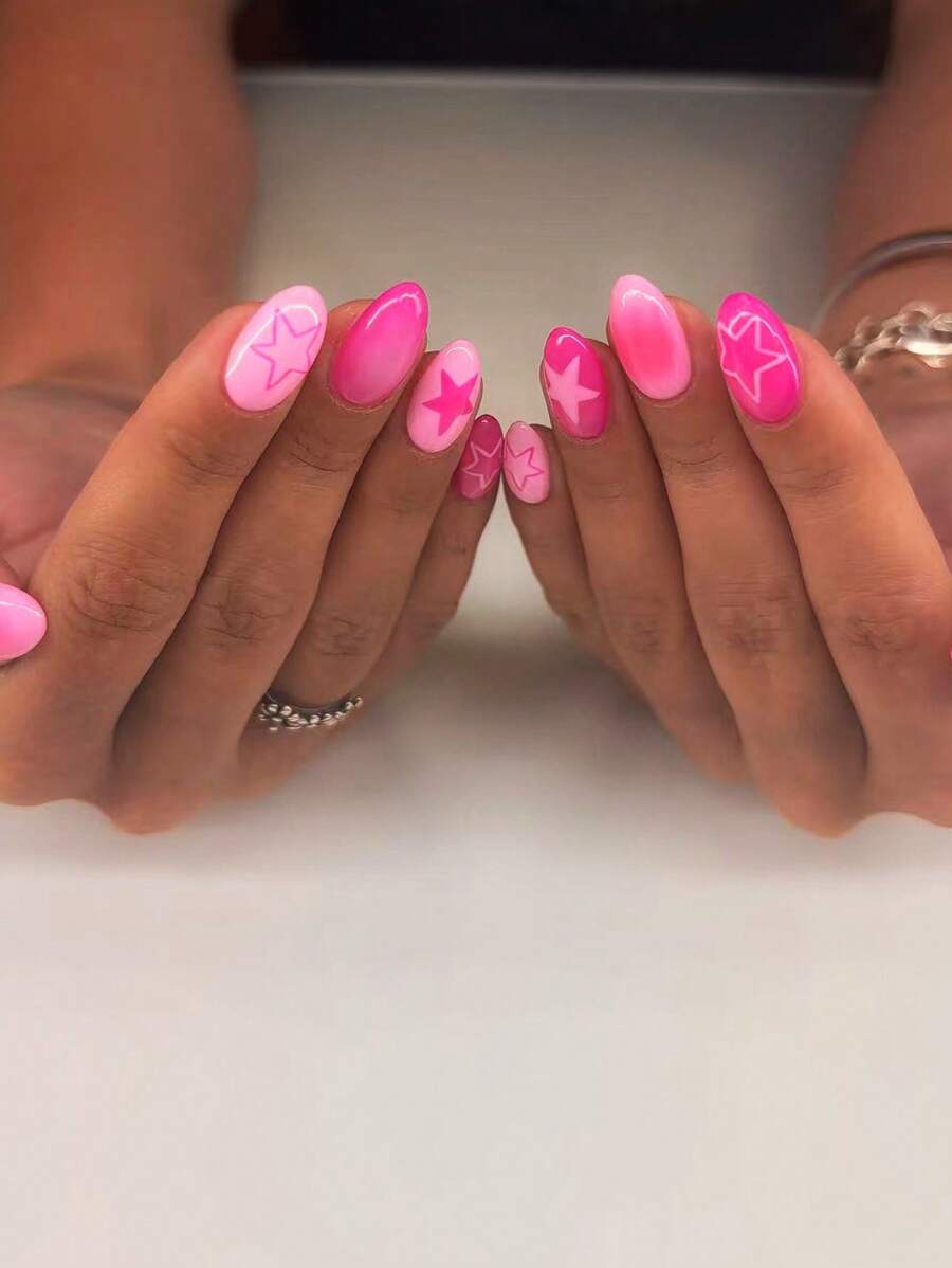 24pcs Oval-Shaped French Manicure Nail Stickers, Pink Star Pattern, Princess Style, Perfect Fit, Acrylic Fake Nails Set Includes 1pc Jelly Gel And 1pc Nail File, Suitable For Women And Girls To Wear In Summer, Nail Art Supplies - Multicolor - View 1