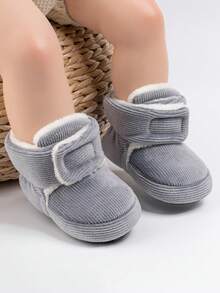 1 par de botas térmicas forradas de unicolor y rayas para bebés, zapatos suaves y lindos para niños pequeños, diseño conveniente para ponerse y quitarse fácilmente y ajuste ajustable, adecuados para niños/niñas pequeños en interiores/exteriores, días festivos, gateo, vacaciones en otoño/invierno
