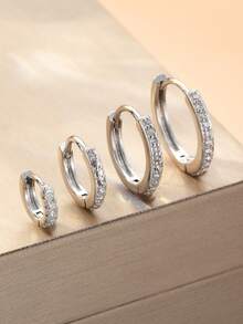 8 件套女士银质环形耳环套装，厚实银质环形耳环，铜质方晶锆石，防过敏小号耳环，小巧银质厚环形耳环，可叠戴，适合多个耳洞 - 銀色 - 查看 5