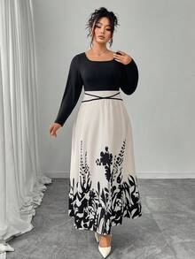 Plus Size Women Square Neckline Water-Print Design Midi Dress - Multicolor - View 4