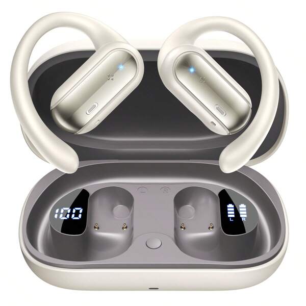 Tagry Écouteurs ouverts A12 Crochet d'oreille 40H Autonomie Charge rapide IPX7 Étanche Bluetooth 5.4 Écouteurs à oreille ouverte Crochet d'oreille ergonomique pour le fitness, la course, la conduite Beige