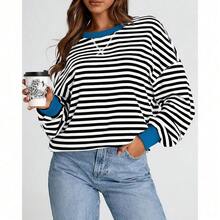 Womens Oversized Striped Sweatshirt Crewneck Long Sleeve Pullover Top Casual Y2K Spring Clothes 2026 Workout Shirt,Vacation Outfits Women,Valentine Outfits For Women,Street Photography - 黑色 白色 - 查看 5