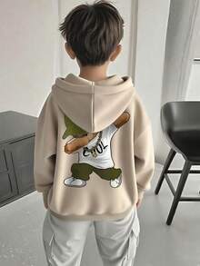 1pc Tween Boy Casual Printed Pullover Sweatshirt, Thermal Lined, Long Sleeve, Autumn/Winter, Student/Youth Clothing - Apricot - View 1
