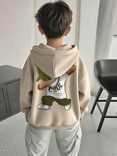 1pc Tween Boy Casual Printed Pullover Sweatshirt, Thermal Lined, Long Sleeve, Autumn/Winter, Student/Youth Clothing