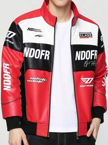 Men's Fashion Contrast Color Embroidered Leather Jacket Outerwear, Suitable For Riding, Racing, Spring & Autumn, Grunge