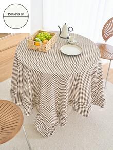 1pc Vintage Checkered Round Tablecloth, Ruffled Edge Decor For Kitchen, Living Room, Valentine's Day Table Decoration