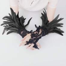 哥特式蕾丝羽毛无指手套，长袖腕口，女士服装配饰，万圣节情人节，情人节万圣节配饰 - 黑色 - 查看 5