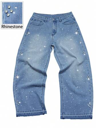 Jeans holgados con desgaste y adornos de rhinestone para hombre