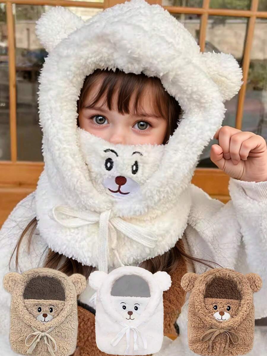 1 件装婴儿卡通熊耳朵小羊帽带口罩保暖拉法帽婴儿加厚护耳帽 2-9 岁 - 彩色 - 查看 1