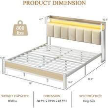 LED Bed Frame With Storage Headboard, Upholstered Bed Frame With Charging Station, Metal Platform Bed Frame With Heavy Duty Metal Slats, No Box Spring Needed, Easy Assembly, Black/ White/ Beige - Xem 10