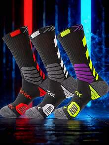 3 Pairs Men's Sports Basketball Socks, Reinforced Toe & Heel, Colorful Striped Design, Suitable For Sports And Daily Wear, Hand Washable, Moisture-Wicking Fabric, Breathable For Outdoor Running, Hiking, Fall - Black - View 3