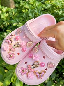 18pcs Pink Ballet Angel, Rose, Heart, Flower, Pearl Round Bow, Glitter Butterfly Detachable Decorative Accessories, Suitable For Sandals, Slippers, Clogs, Garden Shoes, Beach Shoes, All Season, Great Gift