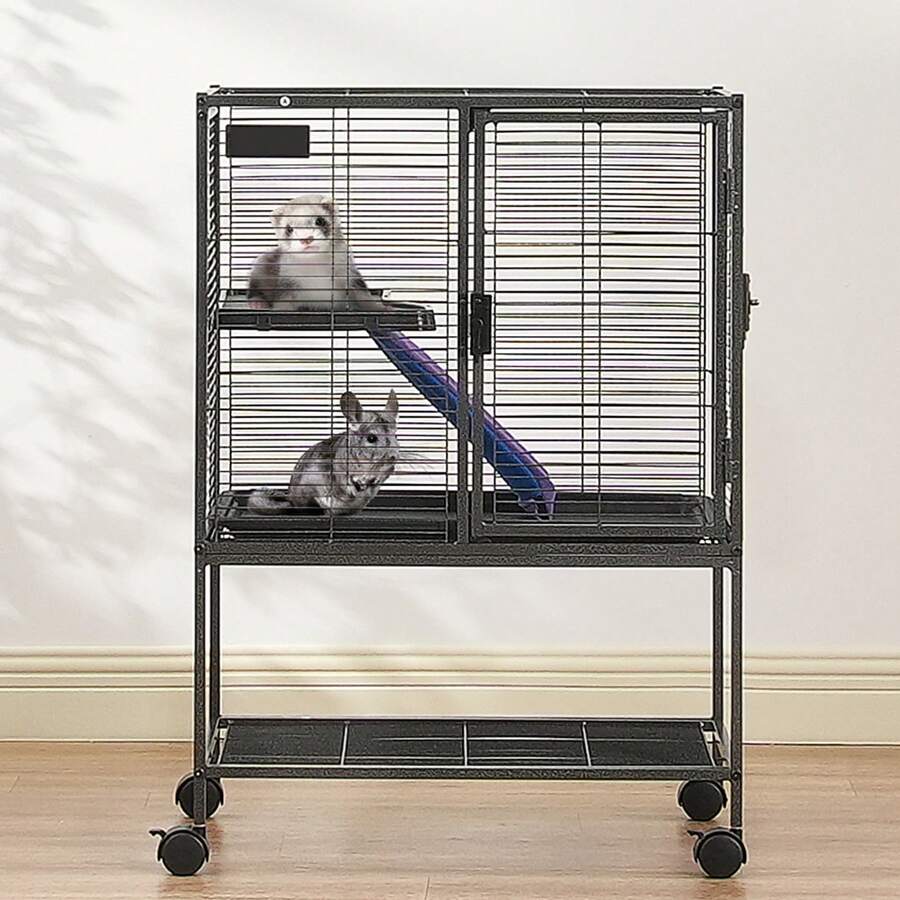 34 Inch Small Animal Metal Cage, 2-Tier Rolling Ferret Cage With Tray And Ramp - Black - View 1