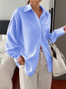 Look Polly Women's Elegant Blue Stripe Printed Striped Long Sleeve Shirt, Single-Breasted Casual Fashion Blouse, Spring/Summer Wear, With Pocket Design, Back To School, Retro Style - Denim Blue - View 8