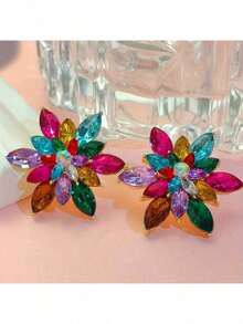 A Pair Of High-End Colorful Rhinestone Flower Earrings - Rainbow Series, Suitable For Daily Wear, Commuting, And Gatherings - Ideal Gift - Multicolor - View 1