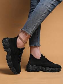 ​2025 Platform Sneakers  Women's High Top Knit Athletic Shoes With Chunky Wave Sole - Spring Summer Chunky Mesh Fitness Fashion - 黑色 - 查看 6