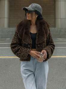 Women's Autumn And Winter Jacket, Large Fur Collar Cozy Fit Dating With Zip Leopard Print Coat - Leopard - View 3