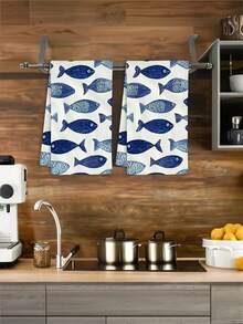 1/2/4条装厨房毛巾，高吸水性，涤纶材质，蓝白鱼图案，是假日农舍厨房和浴室装饰、秋季装饰、房间装饰的理想之选。 - 藍色 - 查看 2