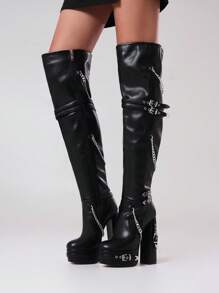 Women's Thick Sole Chunky Heel Lace-Up Rivet Decor Over-The-Knee Boots, Suitable For Daily Shopping And Winter Gatherings