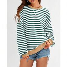 Womens Oversized Striped Sweatshirt Crewneck Long Sleeve Pullover Top Casual Y2K Spring Clothes 2026 Workout Shirt,Vacation Outfits Women,Valentine Outfits For Women,Street Photography - Green White - 查看 4
