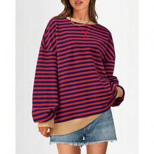 Womens Oversized Striped Sweatshirt Crewneck Long Sleeve Pullover Top Casual Y2K Spring Clothes 2026 Workout Shirt,Vacation Outfits Women,Valentine Outfits For Women,Street Photography - 紅海軍 - 查看 4