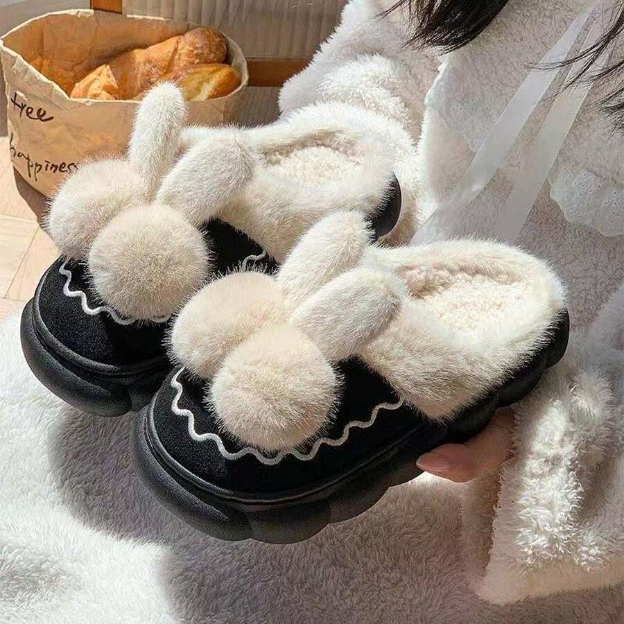 Damen Plüsch Hasenohren Hausschuhe, warme Innenraum Bekleidung, lässiger Slip-On geeignet für Herbst/Winter