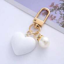 Heart Pearl Love Keychain Pendant Girly Heart Black And White Glossy Heart Accessories Cute Couple Bag Charm - 白色 - 查看 2
