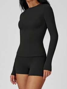 Yefecy 女士纯色圆领压缩运动 T 恤、速干长袖短款 T 恤、女士室内外运动服上衣、运动服、休闲运动上衣、健身服、吸湿排汗 T 恤健身 T 恤 - 黑色 - 查看 6