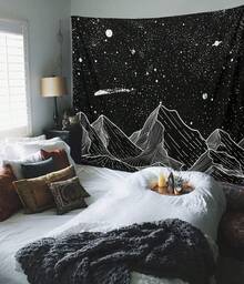 Local Shipping 2025 New   Black And White Tapestry Starry Night Mountain Tapestries For Bedroom Aesthetic Moon And Stars Tapastry's Wall Hanging Dark Nature Forest Wall Tapestry For Living Room Dorm (48'' * 36'') - 黑色 - 查看 10