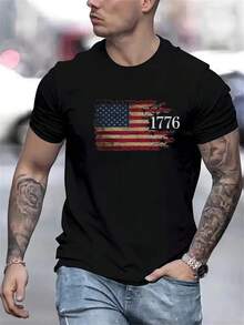 Men's Vintage T-Shirt With American Flag 1776 - Patriotic Retro Pattern Gym T-Shirt, Men's Shark Jackets, Gym Sportswear, Men's Sportswear, Men's T-Shirts - 白色 - 查看 6
