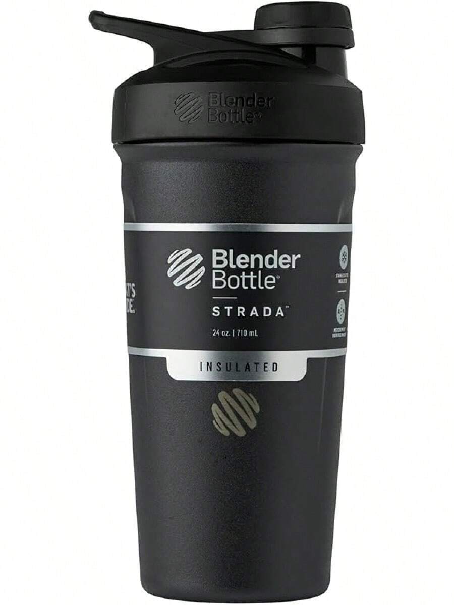 BlenderBottle Strada Shaker Cup Insulated Stainless Steel Bottle With Wire Whisk, 24-Ounce, Black