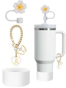 2pcs Accessories Designed For 30-40oz Cups: 1pc Blue Cup Letter Marker & 1pc Reusable Silicone Camellia Straw Topper, 10mm Big Diameter Straw Lid, Cute Letter Decor Fit For Modern Simple Glass Cups - Blue - View 13