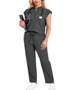 cimmuovere Stand Collar Sleeveless Loose Top And Practical Multi-Pocket Pants Uniform Set