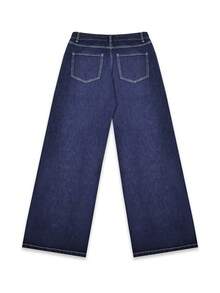 大码男士拼接直筒宽松休闲牛仔裤 - 深色水洗藍 - 查看 5