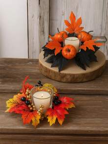 1Pc Halloween Thanksgiving Pumpkin Candle Ring Centerpiece With Autumn Maple Leaves Pinecones Berries Fall Harvest Table Decor Spooky Candle Holder Wreath For Holiday Party Tiered Tray Dining Room Fireplace Mantel Decoration Fall Decor - Multicolor - View 11