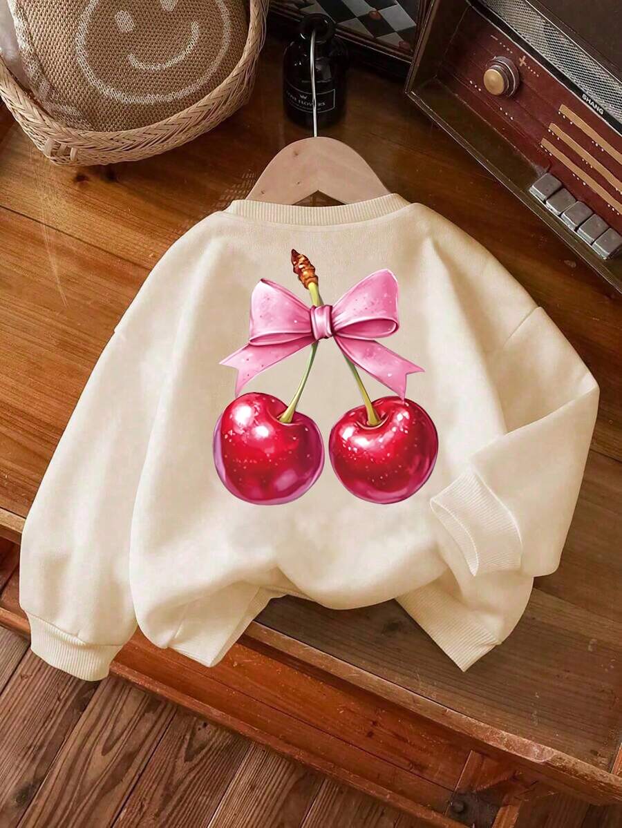 少女长袖圆领套头衫，带有“樱桃”印花图案，秋冬 - 杏色 - 查看 1